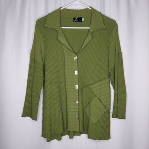 Vtg Fenini Women Cardigan PM Ribbed‎ Green Artsy Grunge Lagenlook Boho